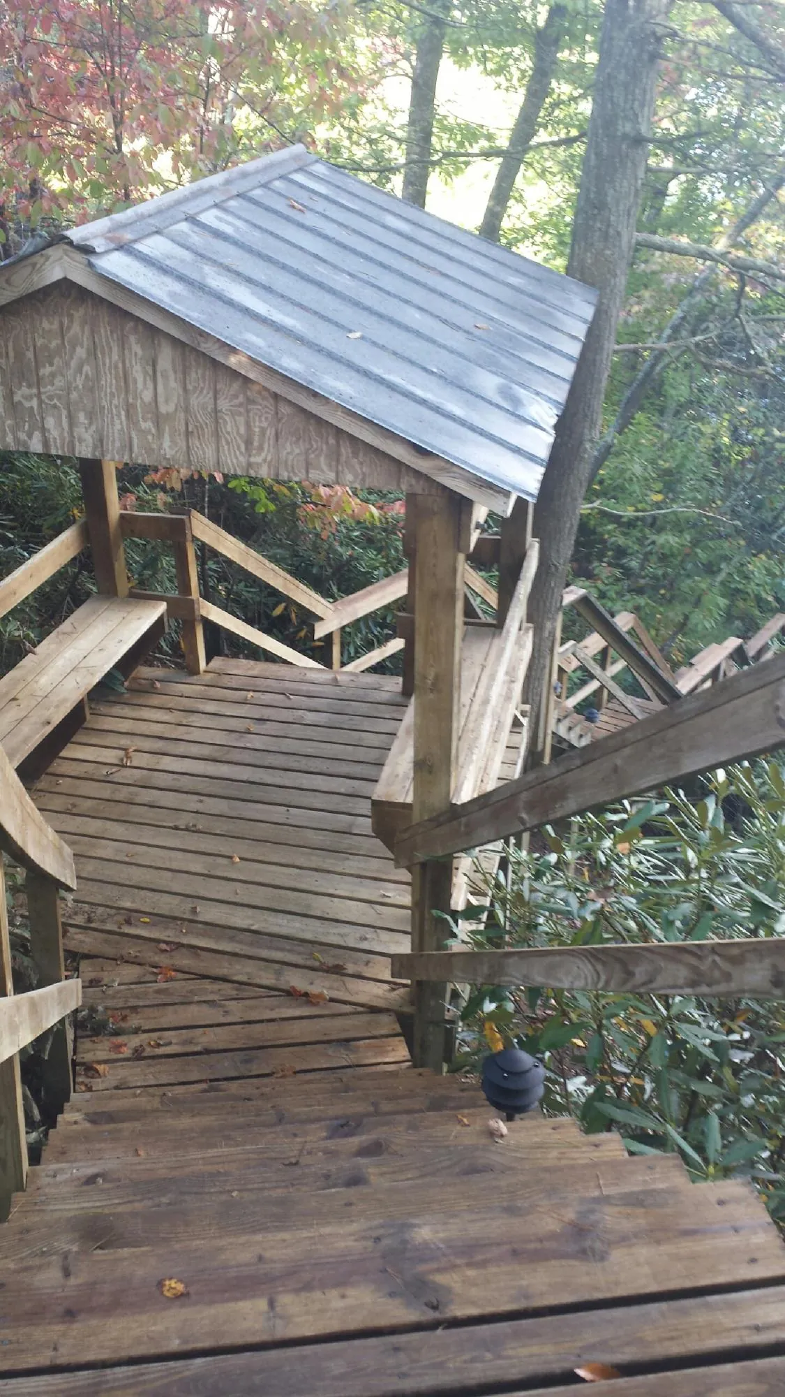 Metal roofed shelter over wooden steps on a wooded walkway — Skylight Repair & Installation work by our crew in Pleasant Grove